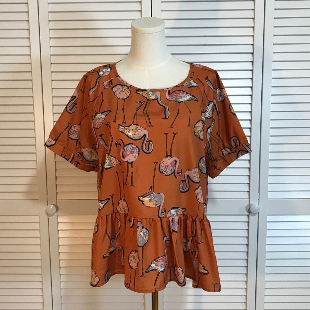 Romwe Retro Boho Orange Loose Ruffle Peplum Flamingo Pattern Blouse XXL